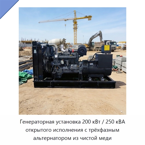 Генераторная установка 200 кВт / 250 кВА открытого исполнения с трёхфазным альтернатором из чистой меди