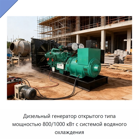 Дизельный генератор открытого типа мощностью 800/1000 кВт с системой водяного охлаждения