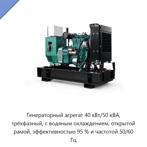 Генераторный агрегат 40 кВт/50 кВА, трёхфазный, с водяным охлаждением, открытой рамой, эффективностью 95 % и частотой 50/60 Гц