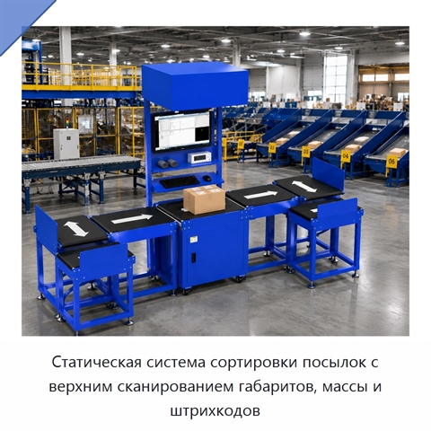 Статическая система сортировки посылок с верхним сканированием габаритов, массы и штрихкодов