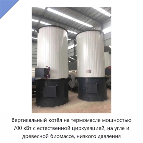 Вертикальный котёл на термомасле мощностью 700 кВт с естественной циркуляцией, на угле и древесной биомассе, низкого давления