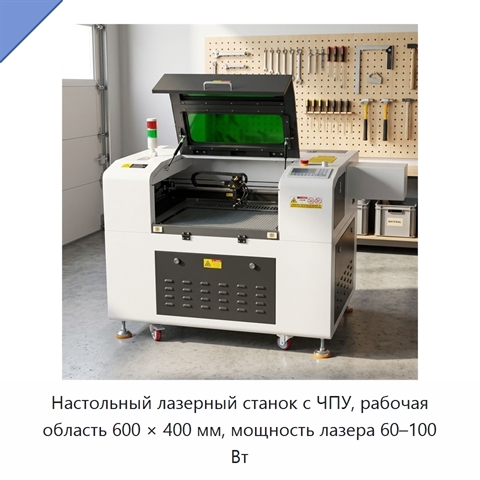 Настольный лазерный станок с ЧПУ, рабочая область 600 × 400 мм, мощность лазера 60–100 Вт