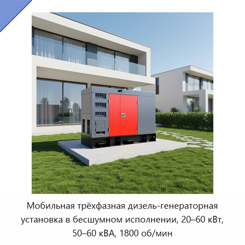 Мобильная трёхфазная дизель-генераторная установка в бесшумном исполнении, 20–60 кВт, 50–60 кВА, 1800 об/мин