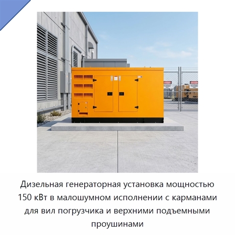 Дизельная генераторная установка мощностью 150 кВт в малошумном исполнении с карманами для вил погрузчика и верхними подъемными проушинами