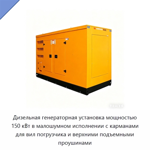Дизельная генераторная установка мощностью 150 кВт в малошумном исполнении с карманами для вил погрузчика и верхними подъемными проушинами
