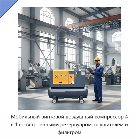 Мобильный винтовой воздушный компрессор 4 в 1 со встроенными резервуаром, осушителем и фильтром