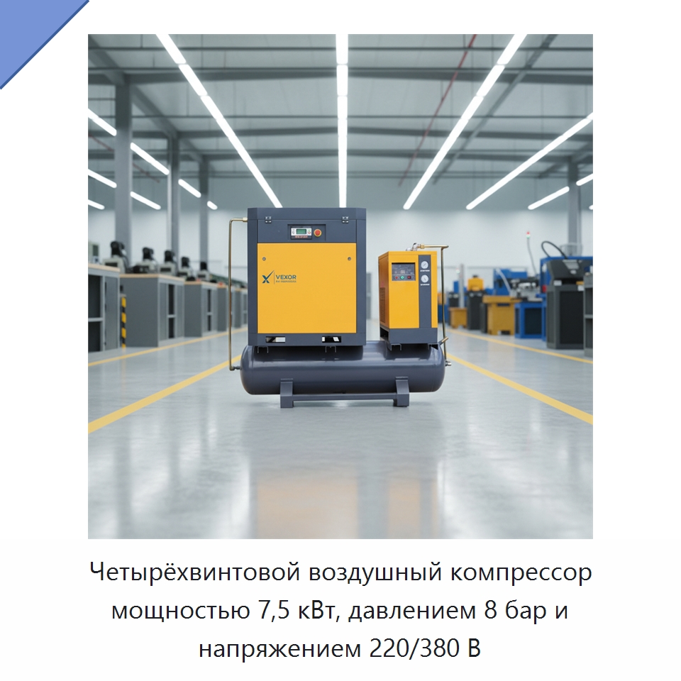 Четырёхвинтовой воздушный компрессор мощностью 7,5 кВт, давлением 8 бар и напряжением 220/380 В — Промышленные компрессоры