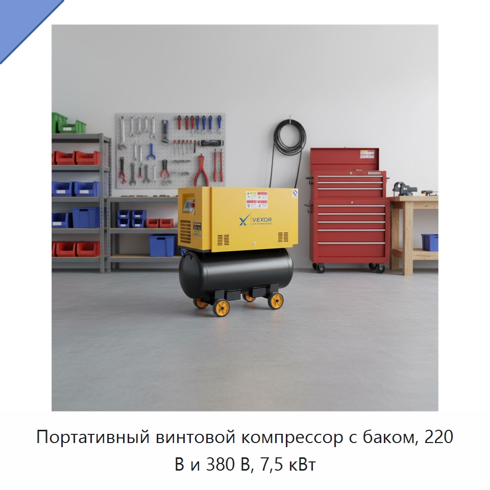 Портативный винтовой компрессор с баком, 220 В и 380 В, 7,5 кВт — Промышленные компрессоры