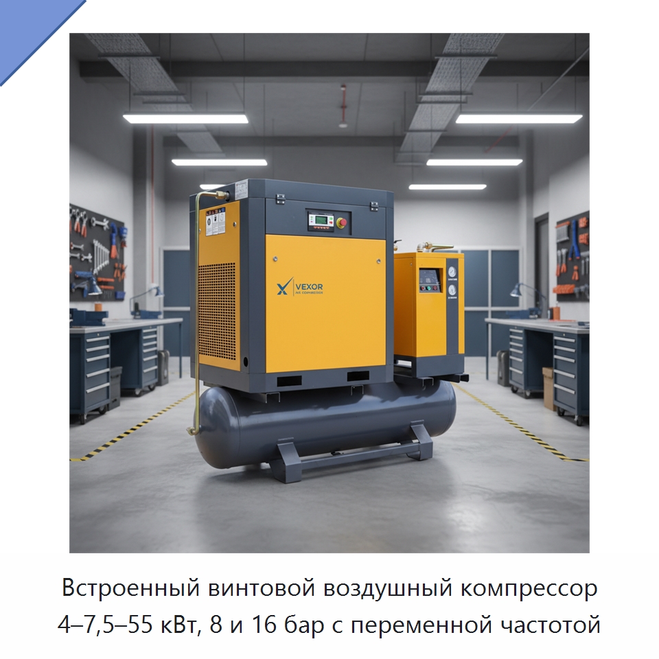 Встроенный винтовой воздушный компрессор 4–7,5–55 кВт, 8 и 16 бар с переменной частотой — Промышленные компрессоры