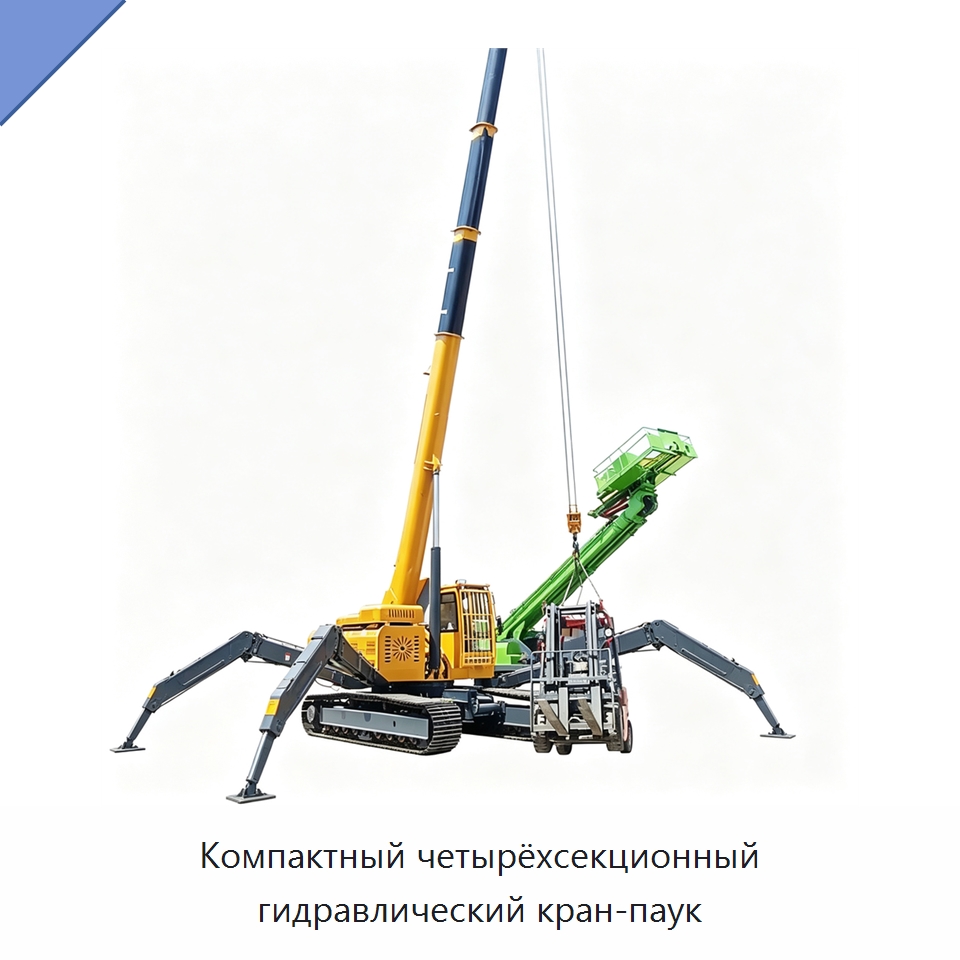 Компактный четырёхсекционный гидравлический кран-паук — Краны