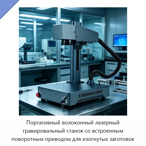 Портативный волоконный лазерный гравировальный станок со встроенным поворотным приводом для изогнутых заготовок