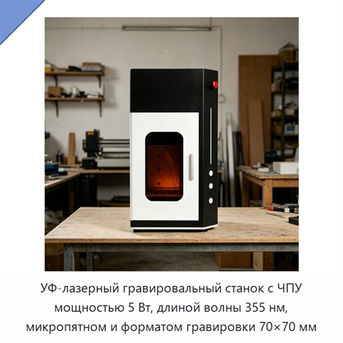 УФ-лазерный гравировальный станок с ЧПУ мощностью 5 Вт, длиной волны 355 нм, микропятном и форматом гравировки 70×70 мм