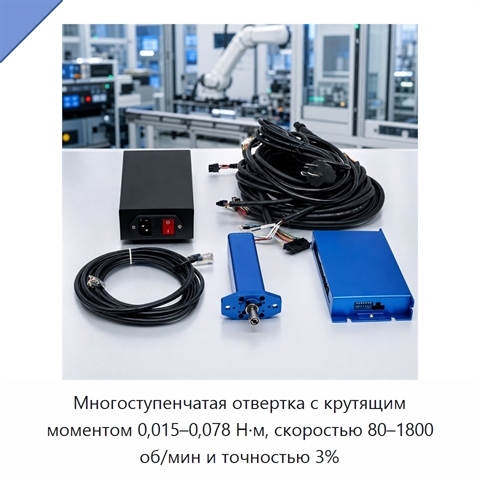 Многоступенчатая отвертка с крутящим моментом 0,015–0,078 Н·м, скоростью 80–1800 об/мин и точностью 3%