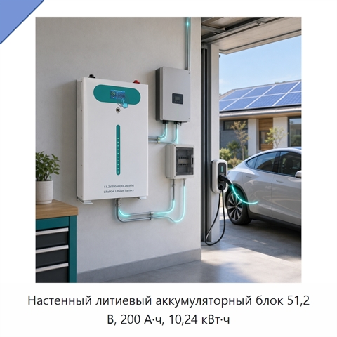 Настенный литиевый аккумуляторный блок 51,2 В, 200 А·ч, 10,24 кВт·ч