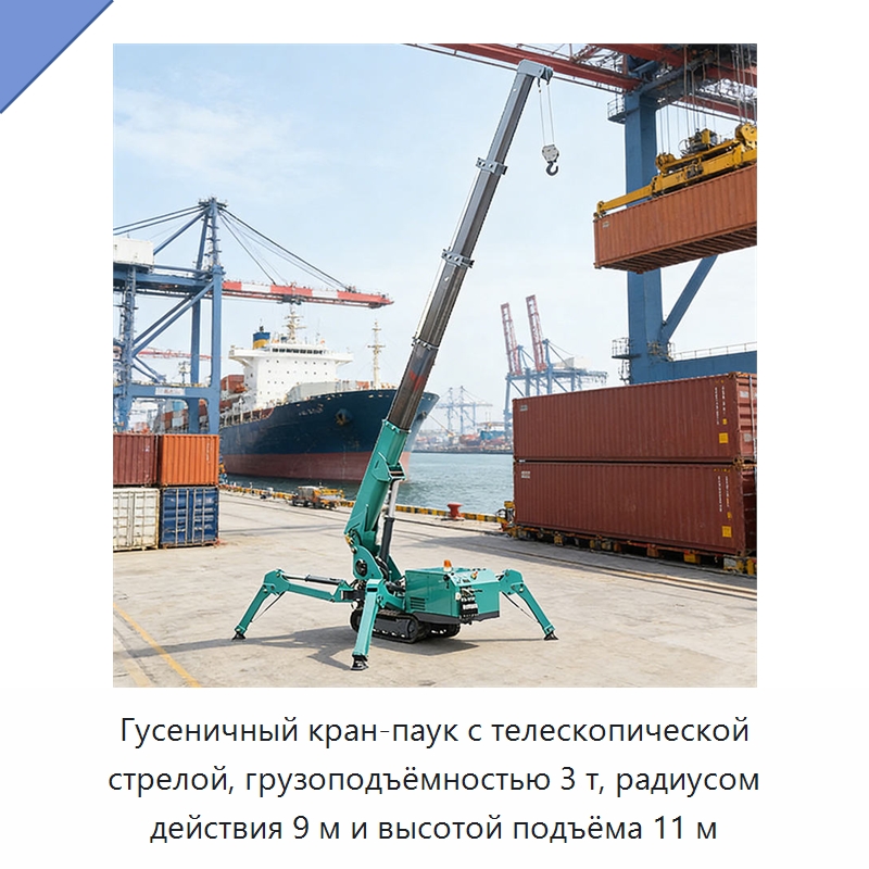 Гусеничный кран-паук с телескопической стрелой, грузоподъёмностью 3 т, радиусом действия 9 м и высотой подъёма 11 м — Краны