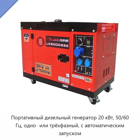 Портативный дизельный генератор 20 кВт, 50/60 Гц, одно- или трёхфазный, с автоматическим запуском