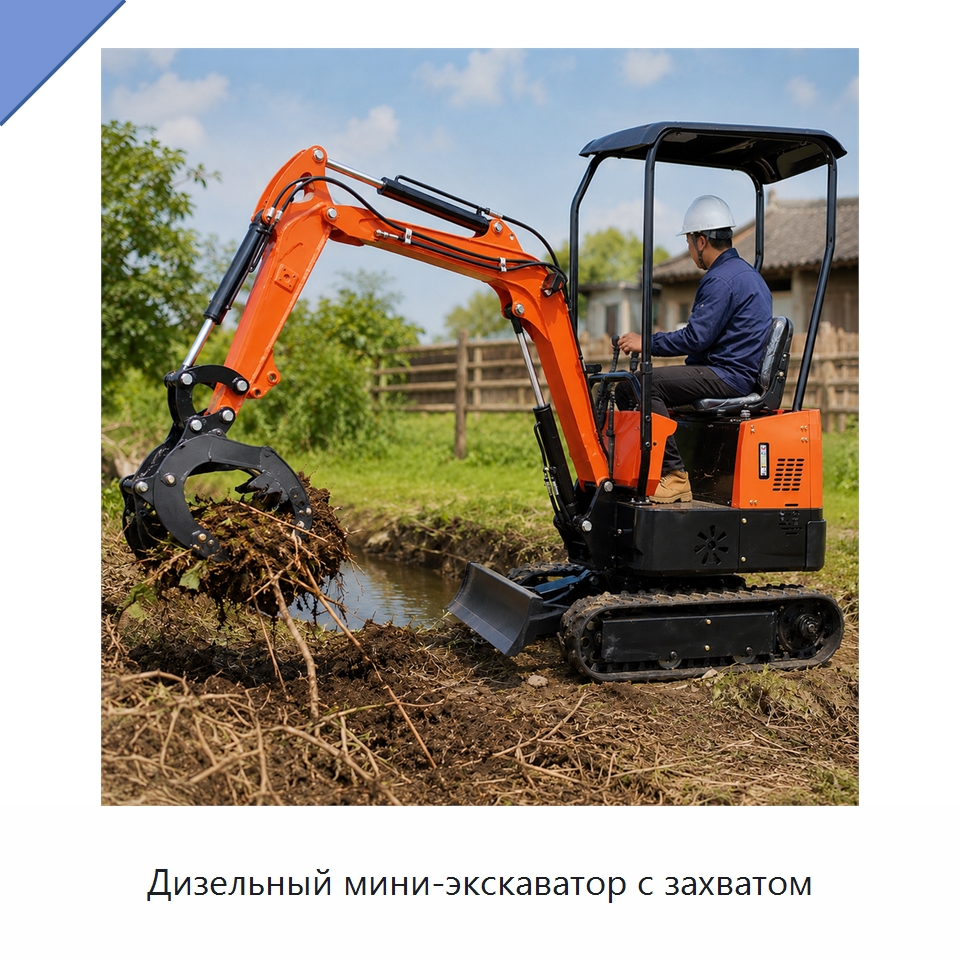 Дизельный мини-экскаватор с захватом — Землеройная техника