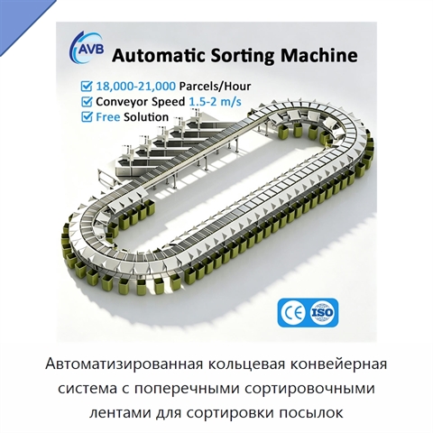 Автоматизированная кольцевая конвейерная система с поперечными сортировочными лентами для сортировки посылок