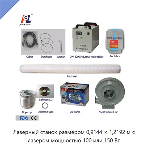 Лазерный станок размером 0,9144 × 1,2192 м с лазером мощностью 100 или 150 Вт