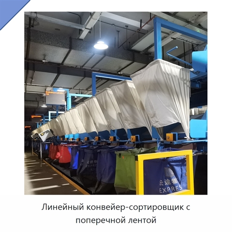 Линейный конвейер-сортировщик с поперечной лентой