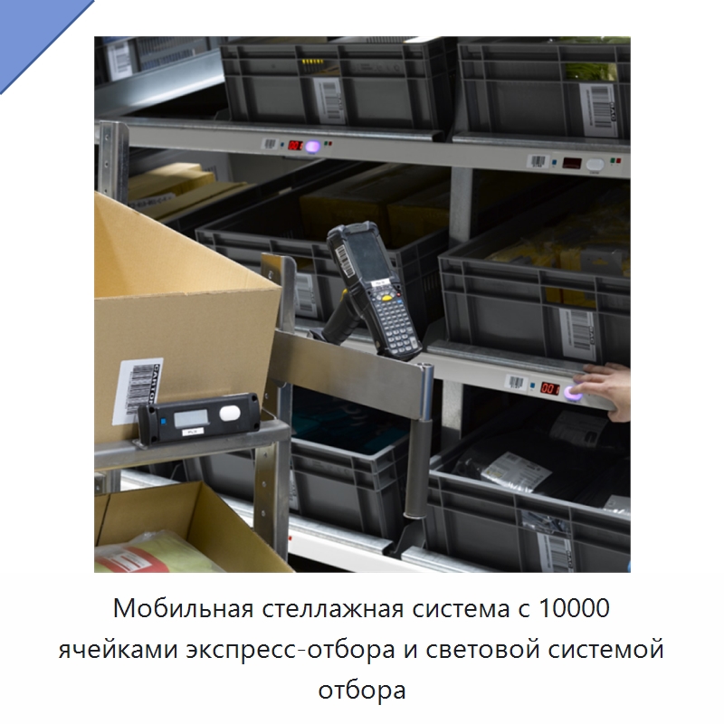 Мобильная стеллажная система с 10000 ячейками экспресс-отбора и световой системой отбора — Подъемно-транспортное и складское оборудование