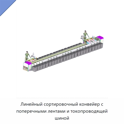 Линейный сортировочный конвейер с поперечными лентами и токопроводящей шиной