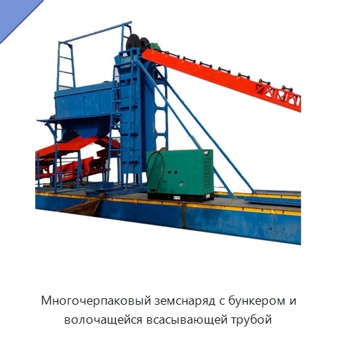 Многочерпаковый земснаряд с бункером и волочащейся всасывающей трубой