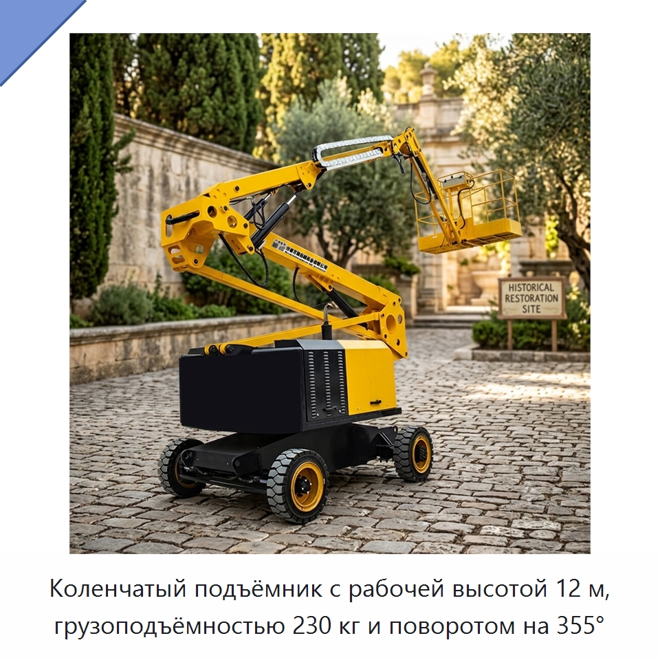 Коленчатый подъёмник с рабочей высотой 12 м, грузоподъёмностью 230 кг и поворотом на 355° — Строительные подъёмники
