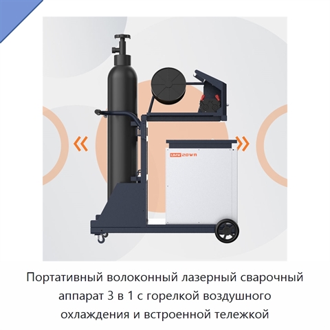 Портативный волоконный лазерный сварочный аппарат 3 в 1 с горелкой воздушного охлаждения и встроенной тележкой