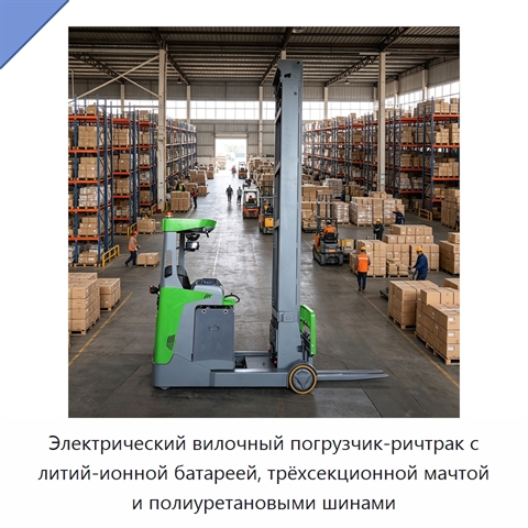 Электрический вилочный погрузчик-ричтрак с литий-ионной батареей, трёхсекционной мачтой и полиуретановыми шинами