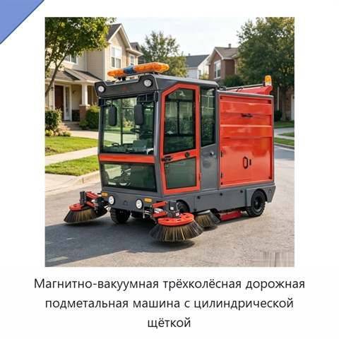 Магнитно-вакуумная трёхколёсная дорожная подметальная машина с цилиндрической щёткой