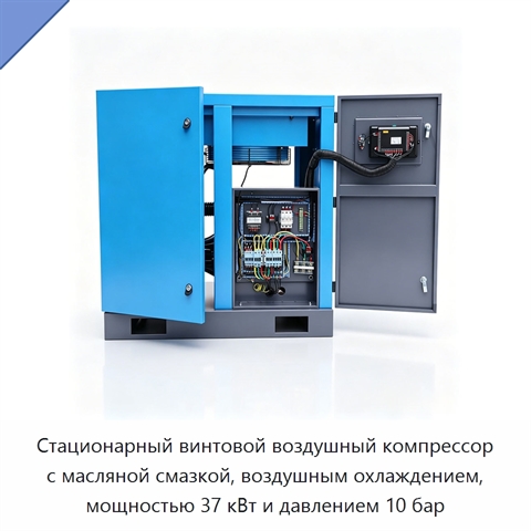 Стационарный винтовой воздушный компрессор с масляной смазкой, воздушным охлаждением, мощностью 37 кВт и давлением 10 бар