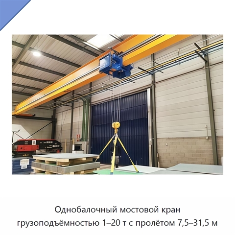 Однобалочный мостовой кран грузоподъёмностью 1–20 т с пролётом 7,5–31,5 м