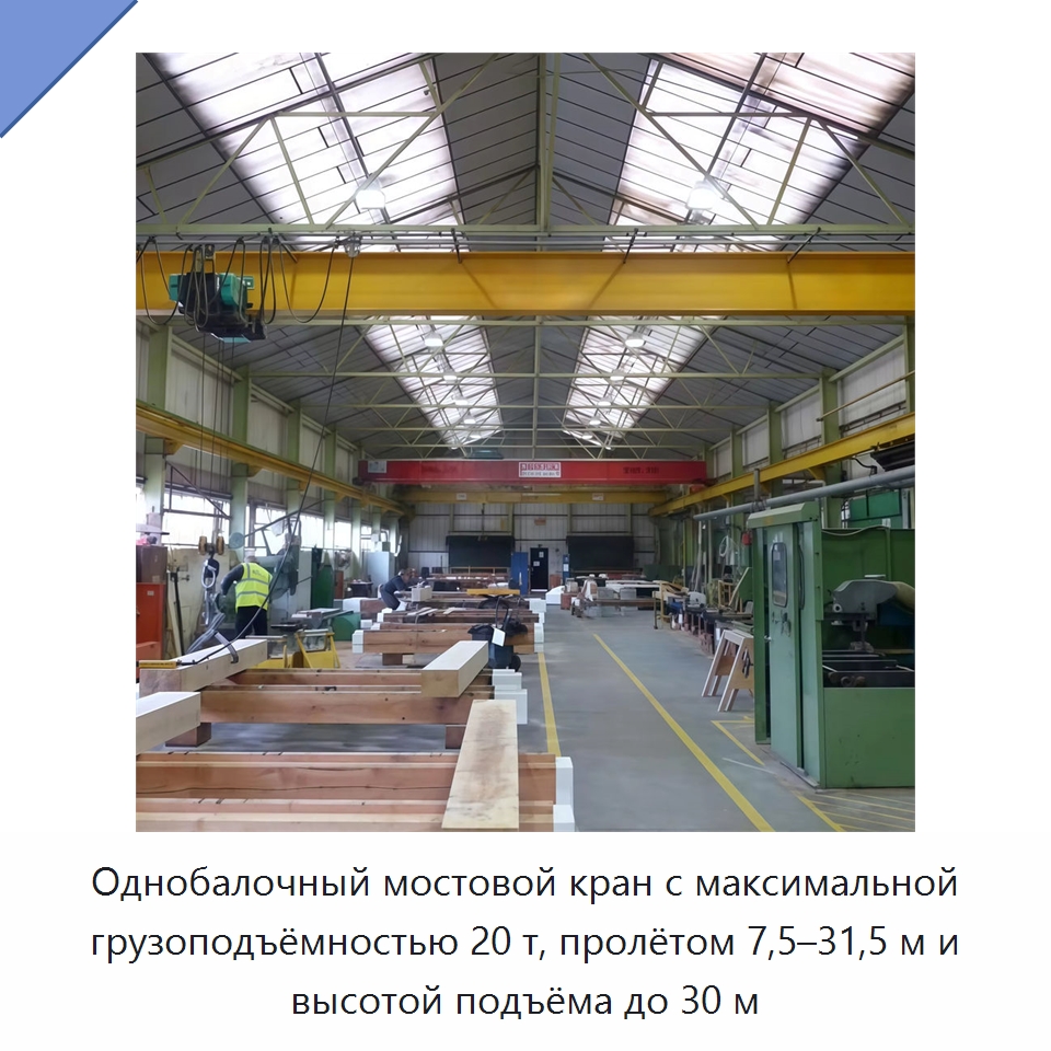 Однобалочный мостовой кран с максимальной грузоподъёмностью 20 т, пролётом 7,5–31,5 м и высотой подъёма до 30 м — Краны