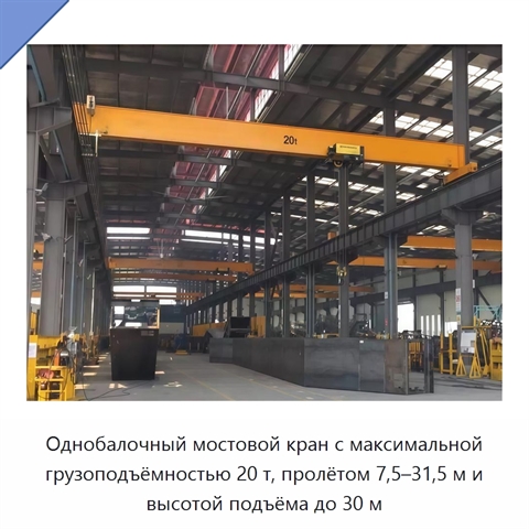 Однобалочный мостовой кран с максимальной грузоподъёмностью 20 т, пролётом 7,5–31,5 м и высотой подъёма до 30 м