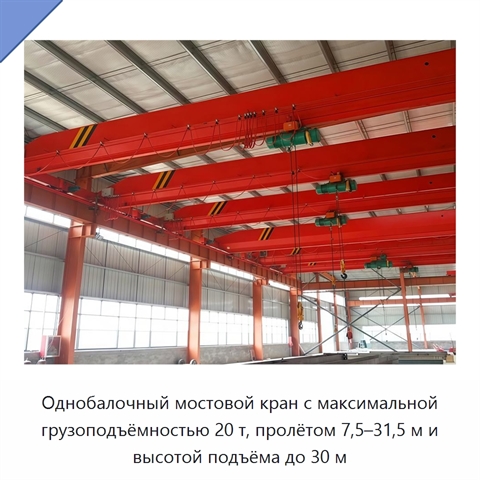 Однобалочный мостовой кран с максимальной грузоподъёмностью 20 т, пролётом 7,5–31,5 м и высотой подъёма до 30 м