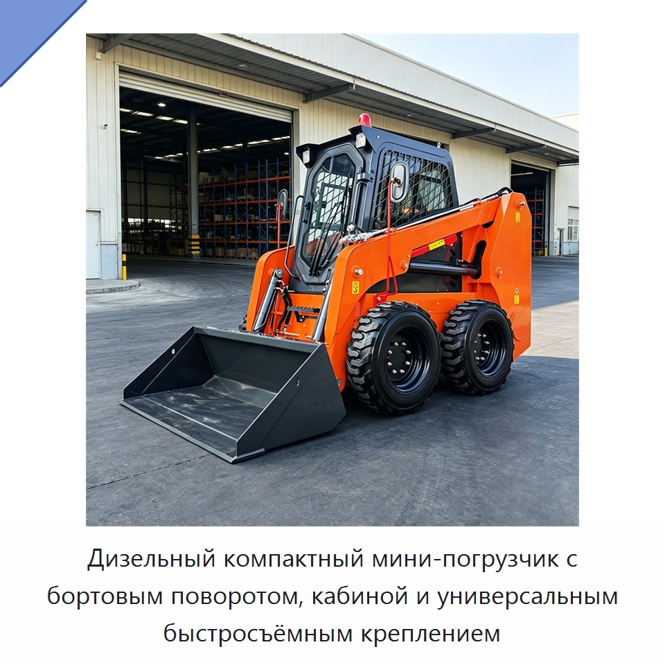 Дизельный компактный мини-погрузчик с бортовым поворотом, кабиной и универсальным быстросъёмным креплением — Землеройная техника