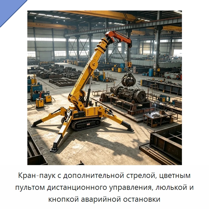 Кран-паук с дополнительной стрелой, цветным пультом дистанционного управления, люлькой и кнопкой аварийной остановки — Краны