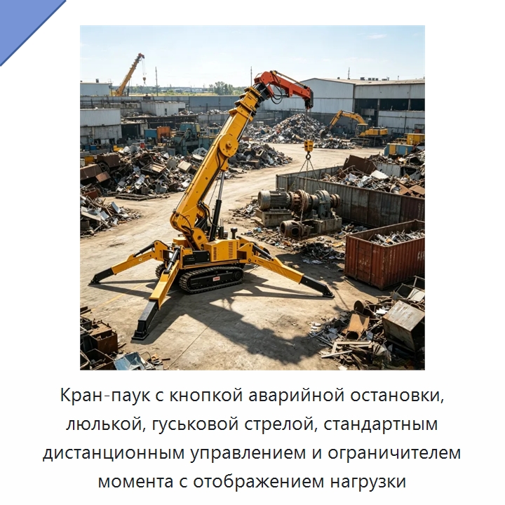 Кран-паук с кнопкой аварийной остановки, люлькой, гуськовой стрелой, стандартным дистанционным управлением и ограничителем момента с отображением нагрузки — Краны
