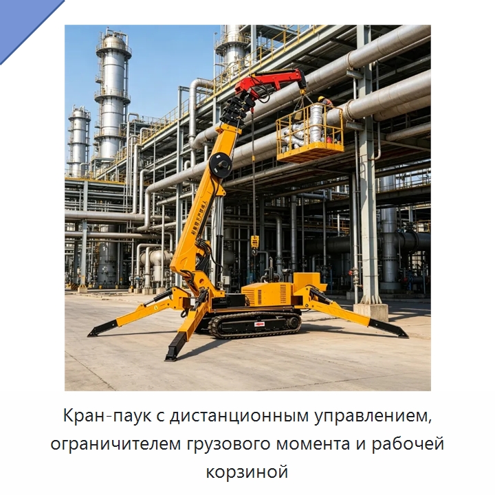 Кран-паук с дистанционным управлением, ограничителем грузового момента и рабочей корзиной — Краны
