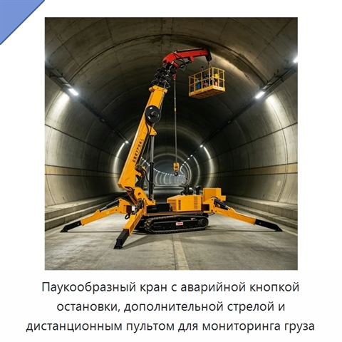 Паукообразный кран с аварийной кнопкой остановки, дополнительной стрелой и дистанционным пультом для мониторинга груза
