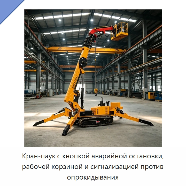 Кран-паук с кнопкой аварийной остановки, рабочей корзиной и сигнализацией против опрокидывания — Краны