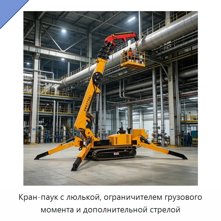 Кран-паук с люлькой, ограничителем грузового момента и дополнительной стрелой — Краны