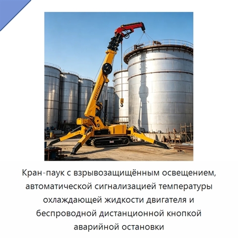 Кран-паук с взрывозащищённым освещением, автоматической сигнализацией температуры охлаждающей жидкости двигателя и беспроводной дистанционной кнопкой аварийной остановки
