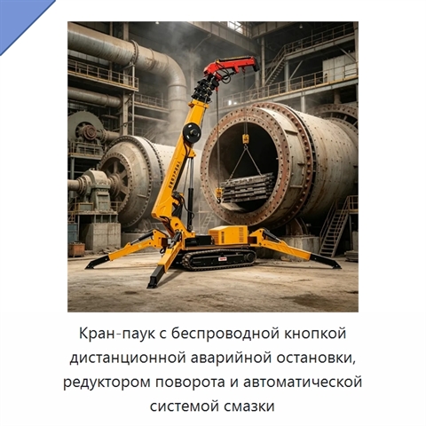 Кран-паук с беспроводной кнопкой дистанционной аварийной остановки, редуктором поворота и автоматической системой смазки