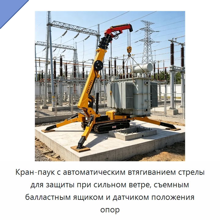 Кран-паук с автоматическим втягиванием стрелы для защиты при сильном ветре, съемным балластным ящиком и датчиком положения опор — Краны