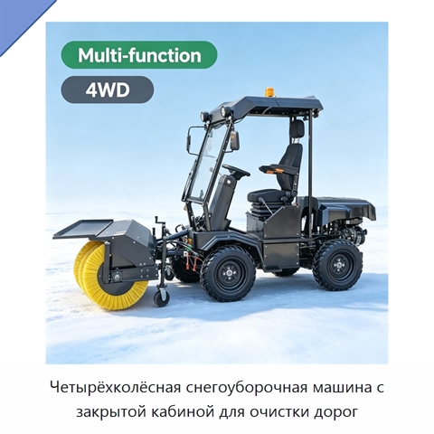 Четырёхколёсная снегоуборочная машина с закрытой кабиной для очистки дорог