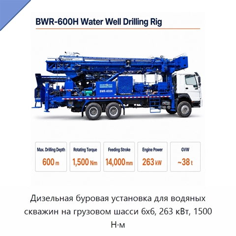 Дизельная буровая установка для водяных скважин на грузовом шасси 6x6, 263 кВт, 1500 Н·м
