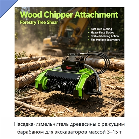 Насадка-измельчитель древесины с режущим барабаном для экскаваторов массой 3–15 т